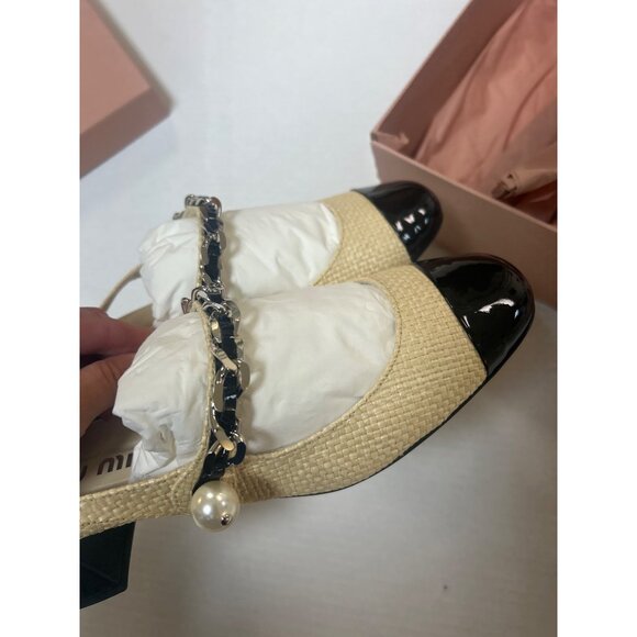 MIU MIU Leather Trimmed Raffia Slingback Pumps Naturals Size 39 NWT - Picture 3 of 7